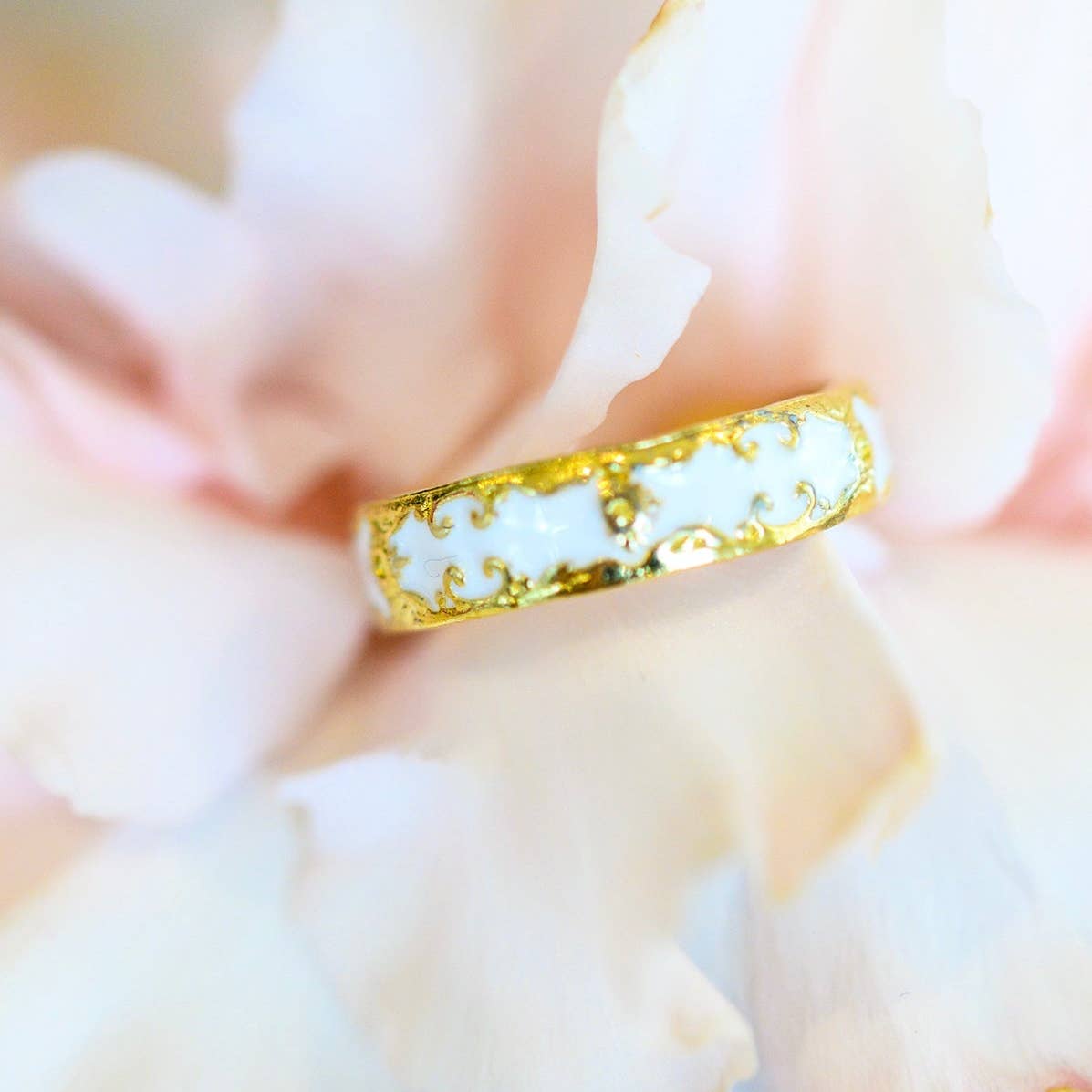 Carolina Hand Crafted 18K Gold Plated Stainless Steel White Pattern Ring