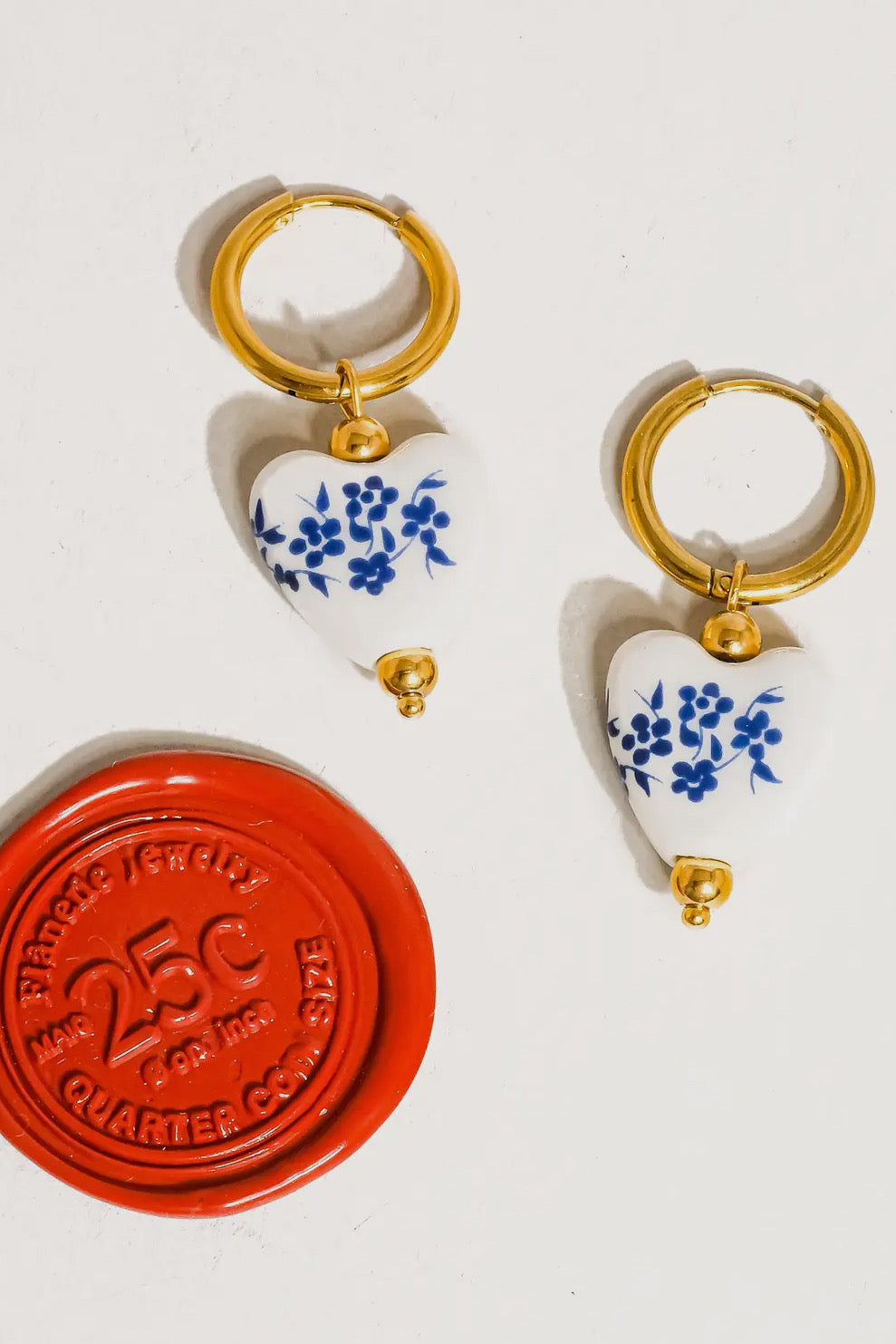 Away We Go Ceramic Floral Heart 18K Gold Plated Stainless Steel Earrings, Blue