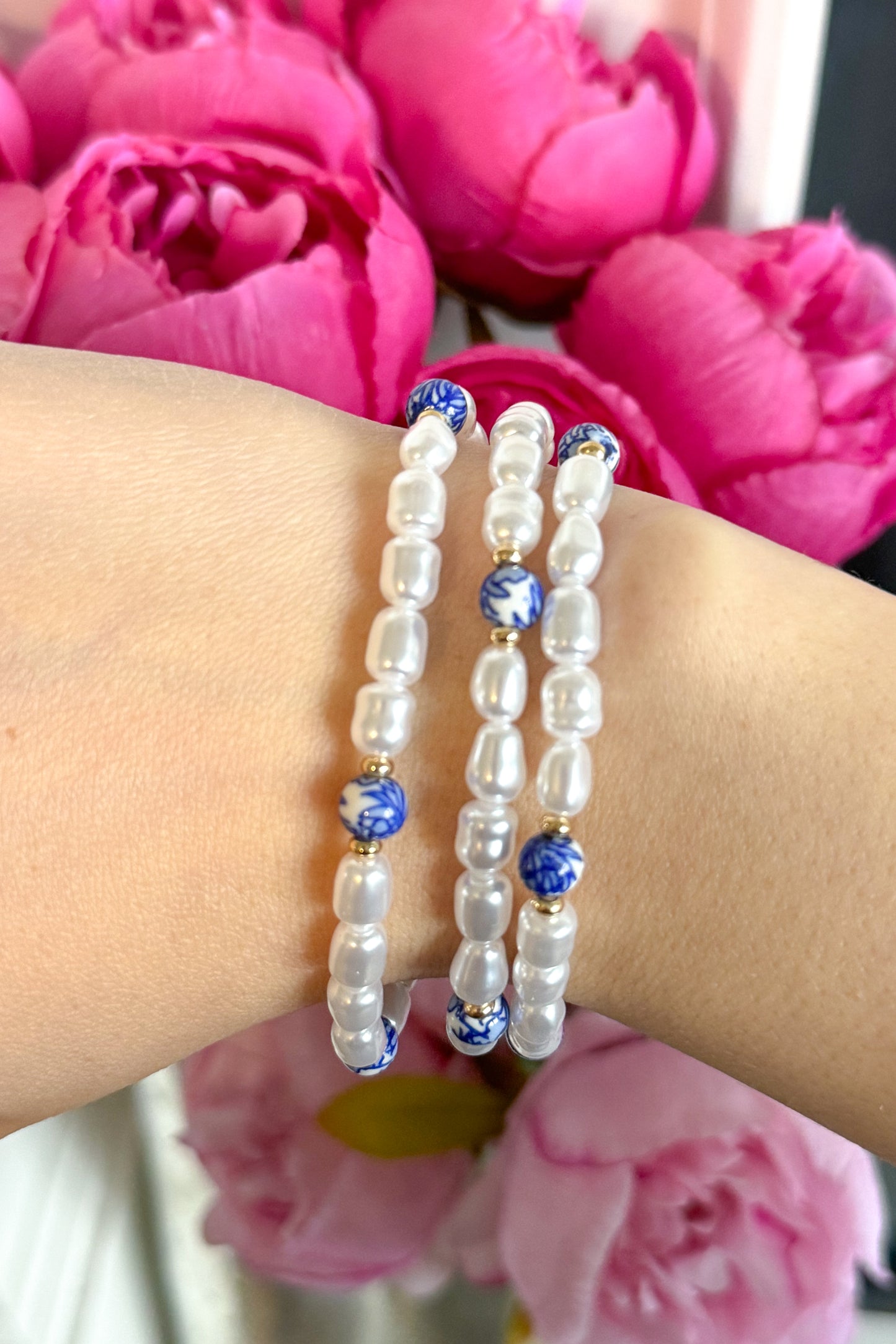 Faux Pearl and Ceramic Floral Beaded Bracelet Set