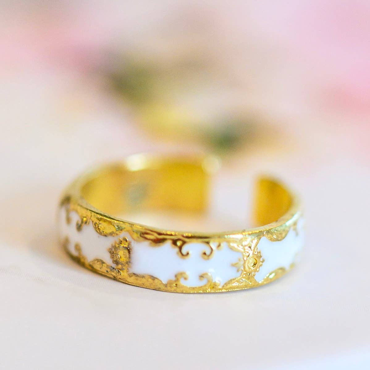 Carolina Hand Crafted 18K Gold Plated Stainless Steel White Pattern Ring
