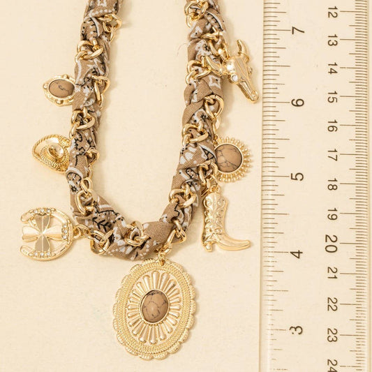 Western Stone Set Concho Charms Paisley Bandana And Chain Braided Necklace, Gold/Beige