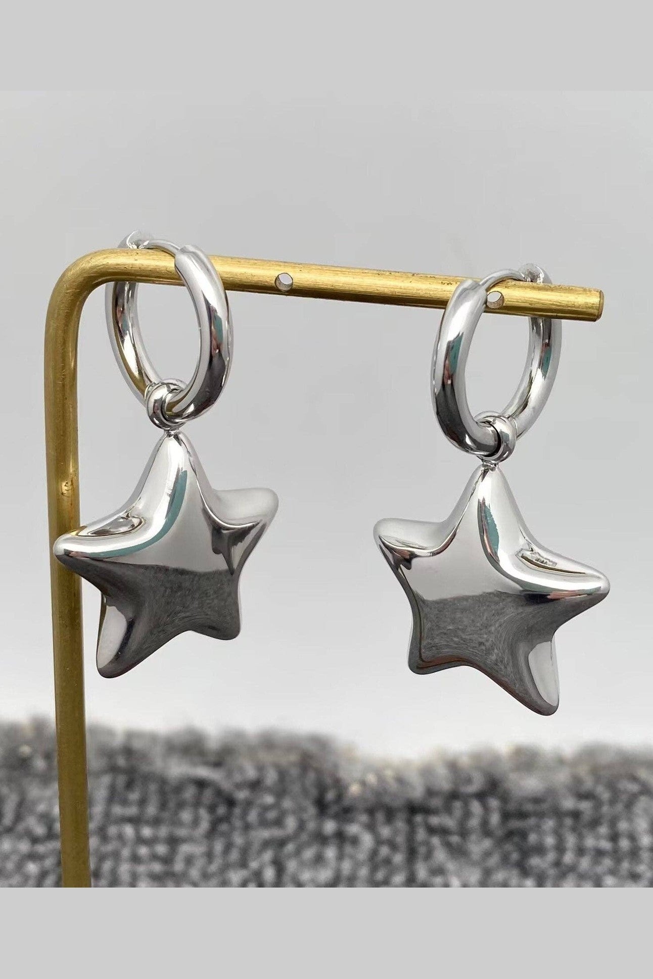 Serena 18K Gold Plated Stainless Steel Glossy Star Charm Huggie Earrings, Silver
