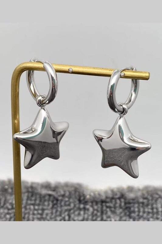 Serena 18K Gold Plated Stainless Steel Glossy Star Charm Huggie Earrings, Silver