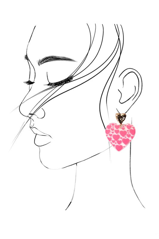 Acrylic Heart Hammered Post Earrings, Pink/Gold