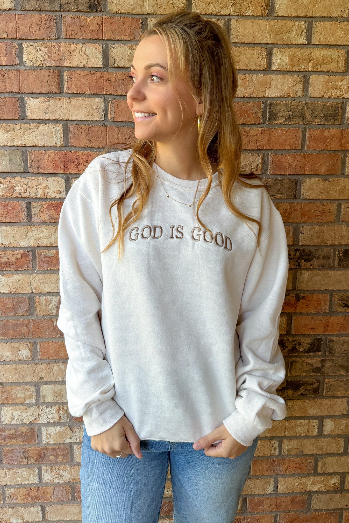 God Is Good Embroidered Sweatshirt, Cream