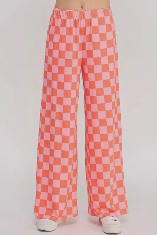 Just Checking In High Waisted Checkered Pants, Orange/Pink