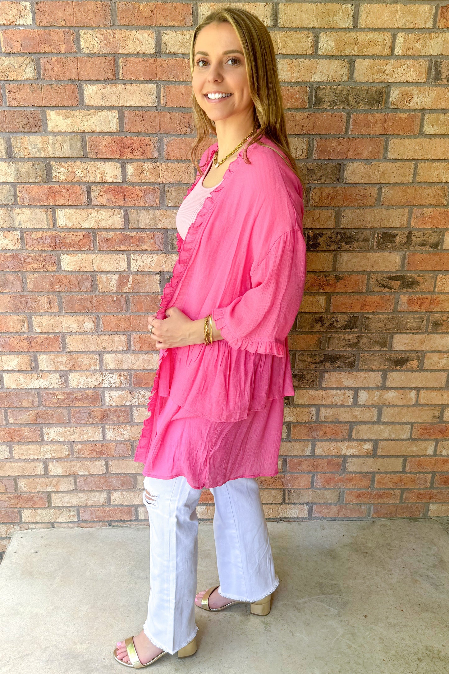 Keep you close Semi Sheer Ruffled Cardigan, Barbie Pink