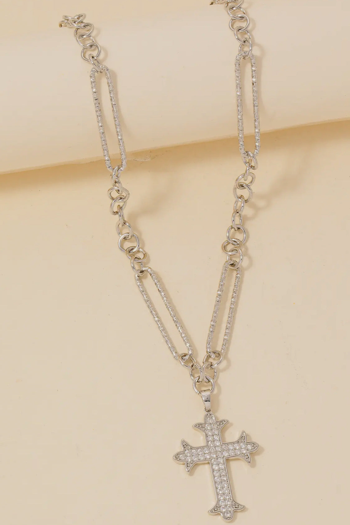 Pave Gothic Cross Pendant Chain Necklace, Silver