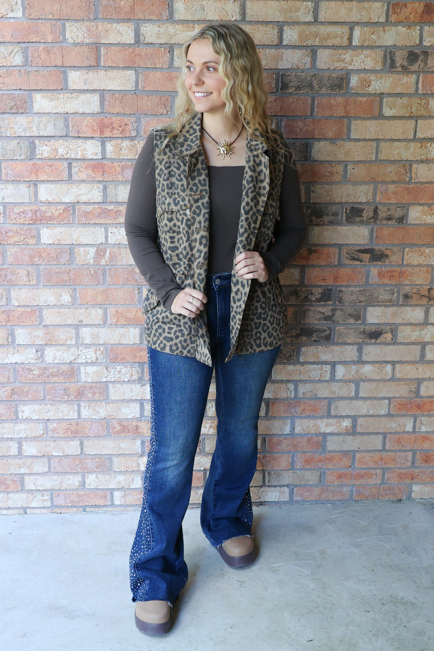 Wildest Dreams Leopard Print Overszied Button-Front Utility Vest, Cedar