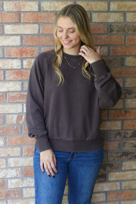 Morning Coffee Soft Bloom Mineral Wash Lace Pullover, Espresso