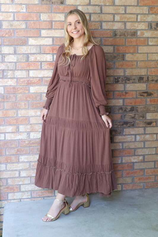 Finding Happiness Gathered Square Neck Maxi Dress, Mocha Mousse