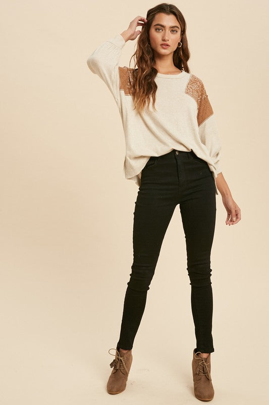 Let's Get Lost Contrast Sleeve Top, Oatmeal