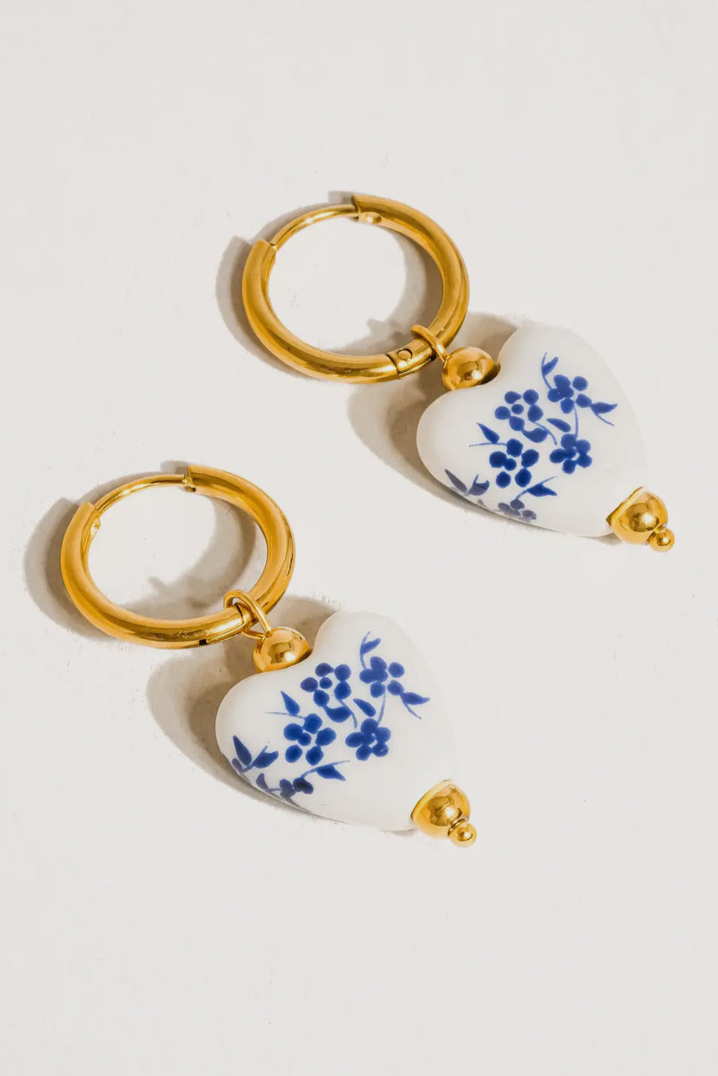 Away We Go Ceramic Floral Heart 18K Gold Plated Stainless Steel Earrings, Blue