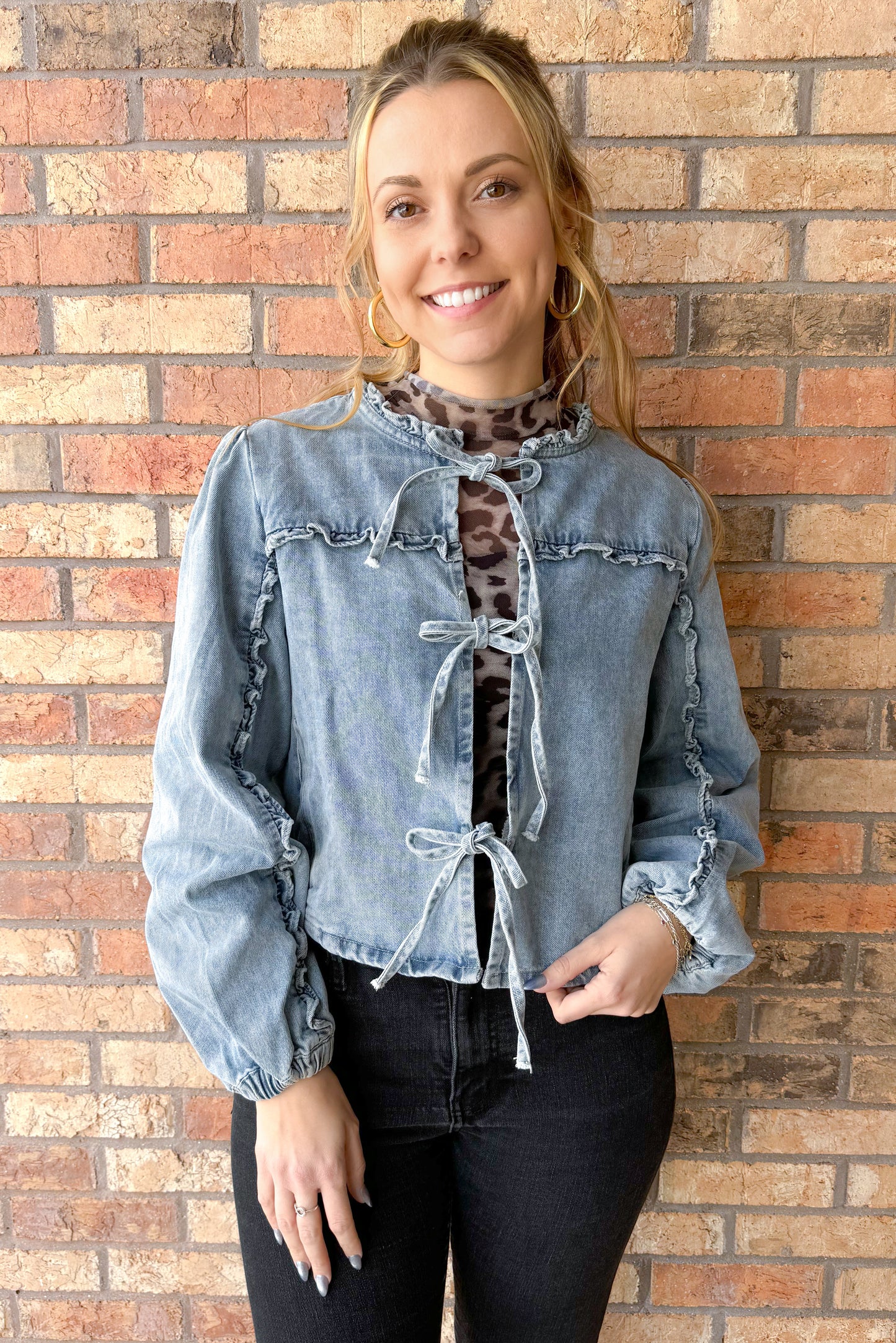Talk Later Ruffle Yoke Sleeve Tie Front Denim Jacket, Light Wash