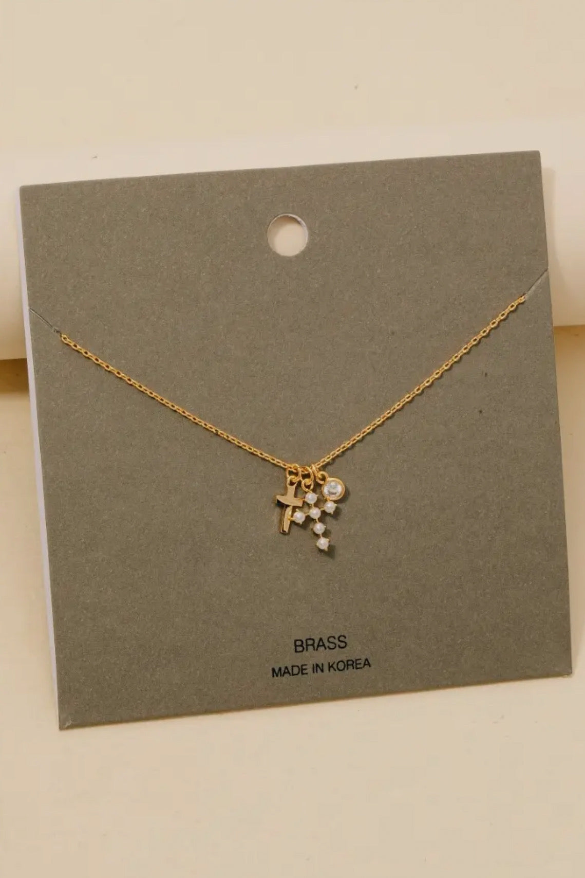 Pearl Cross and Gem Charms Chain Necklace, Gold