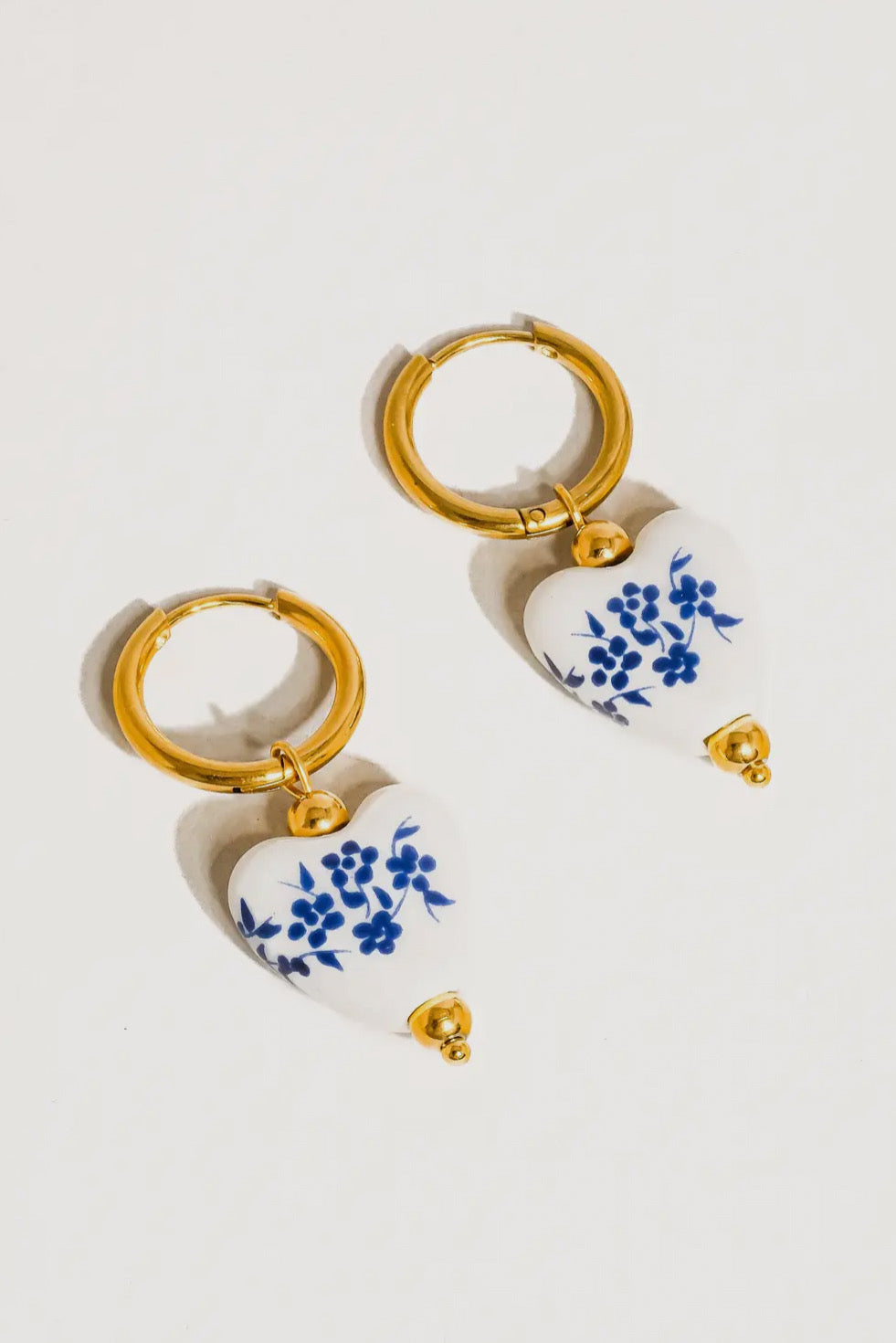 Away We Go Ceramic Floral Heart 18K Gold Plated Stainless Steel Earrings, Blue