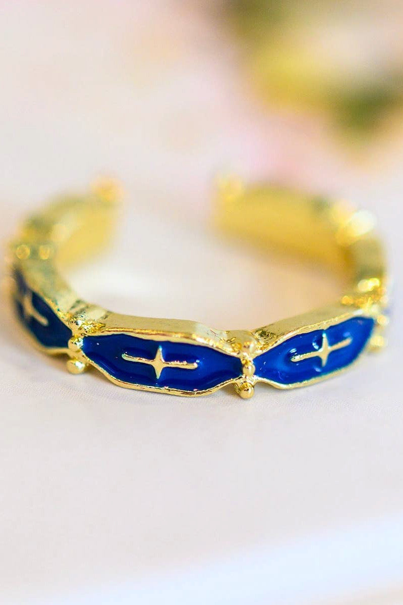 Mariana Hand Crafted Blue Cross 18K Gold Plated Stainless Steel Ring