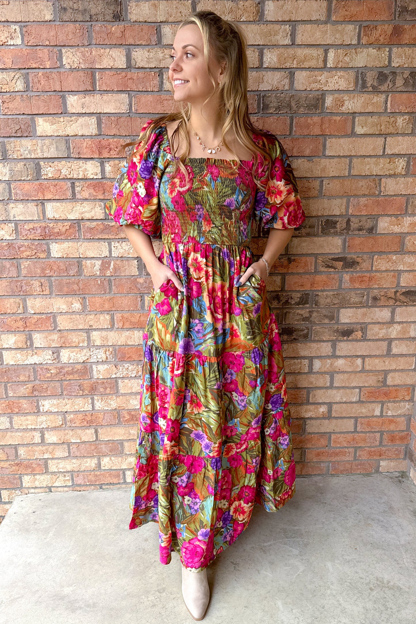 Olive Garden Bubble Sleeve Maxi Dress