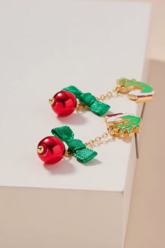 Christmas Green Monster & Ball Ornament Dangling Earrings