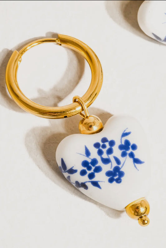 Away We Go Ceramic Floral Heart 18K Gold Plated Stainless Steel Earrings, Blue