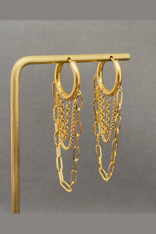Selena Chain Fringe 18K Gold Plated Stainless Steel Huggie Earrings, Gold
