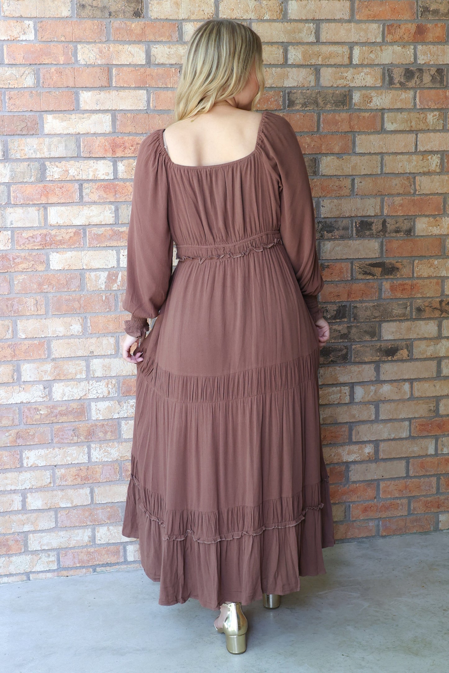Finding Happiness Gathered Square Neck Maxi Dress, Mocha Mousse
