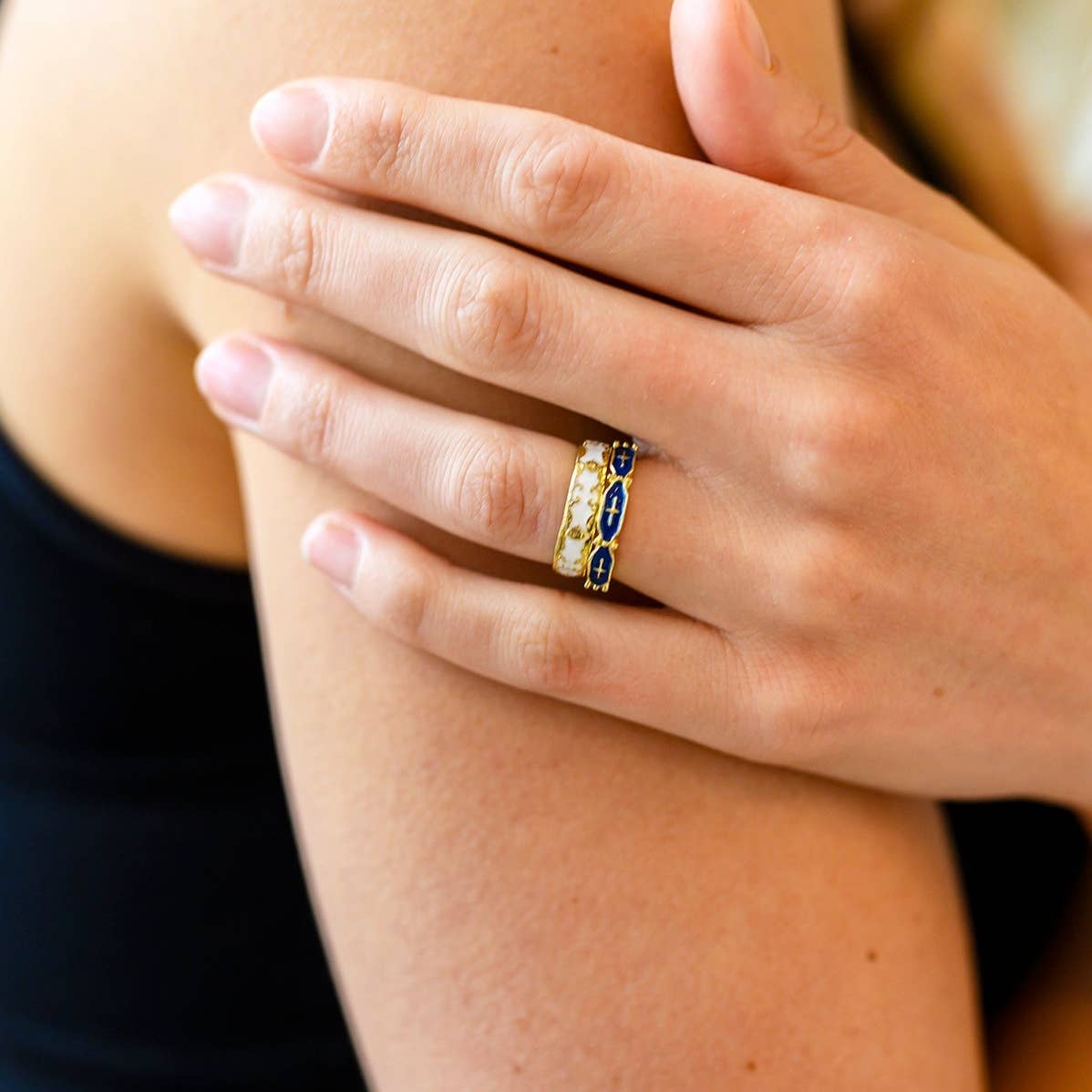 Carolina Hand Crafted 18K Gold Plated Stainless Steel White Pattern Ring