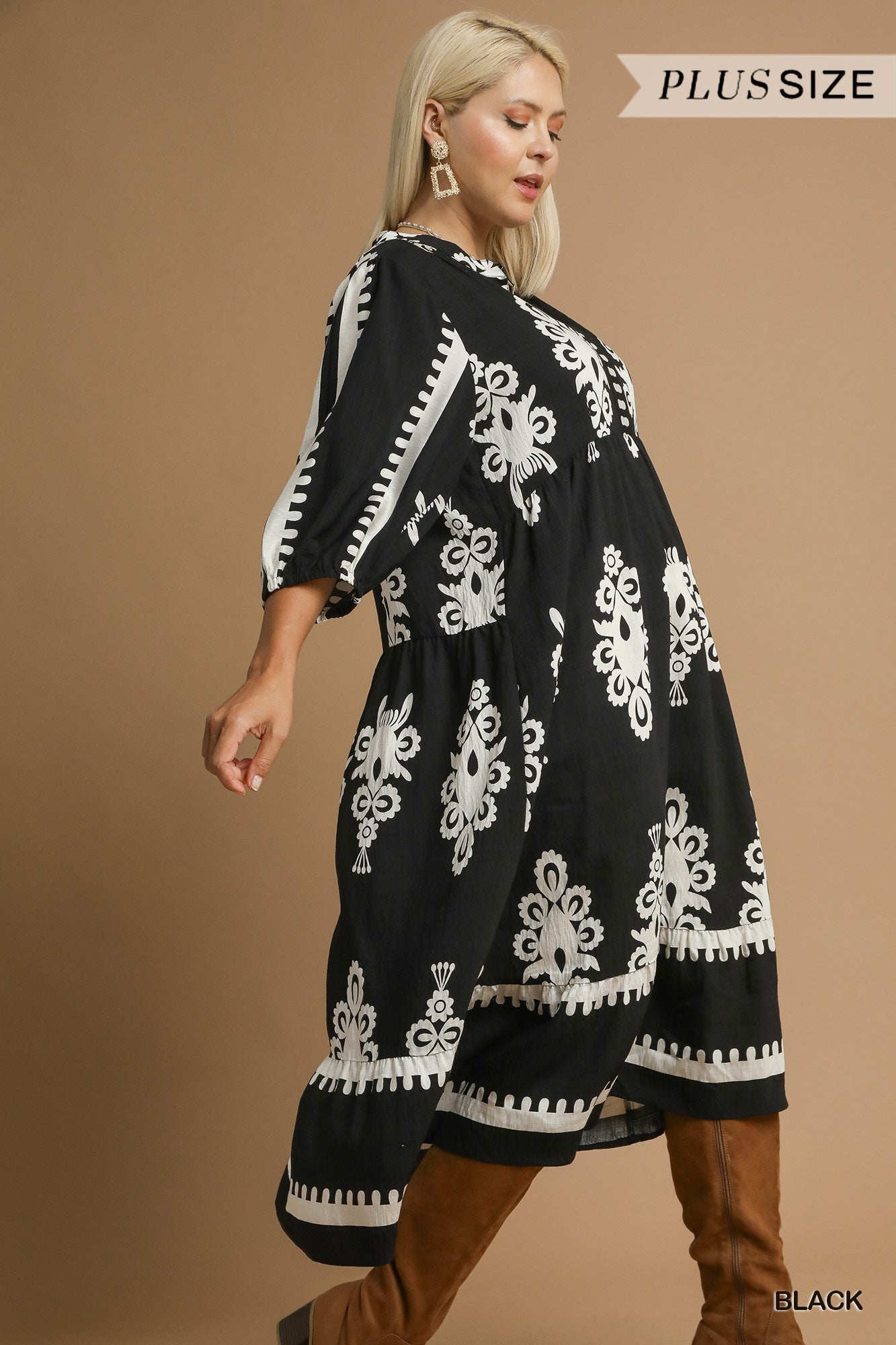 Desert Bloom Embroidered Midi Curvy Dress, Black