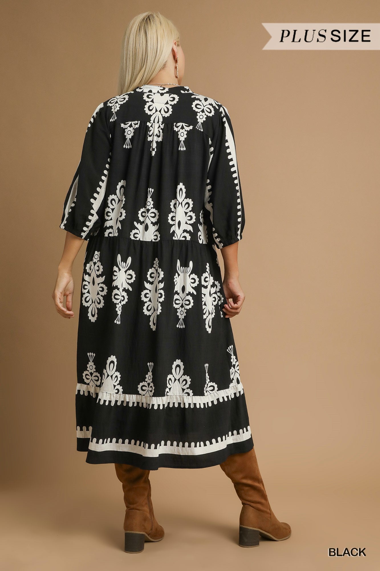 Desert Bloom Embroidered Midi Curvy Dress, Black