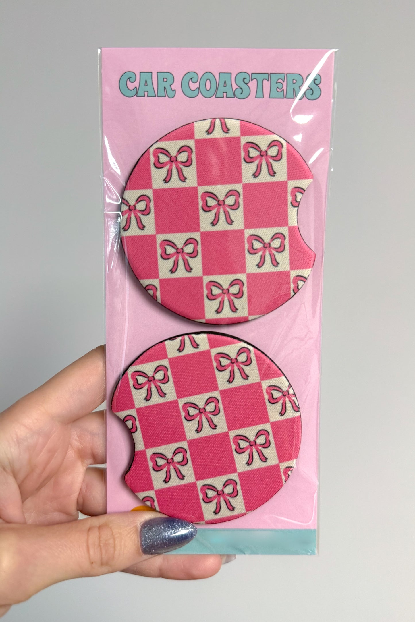 Pink Coquette Bows and Checkers Car Coasters