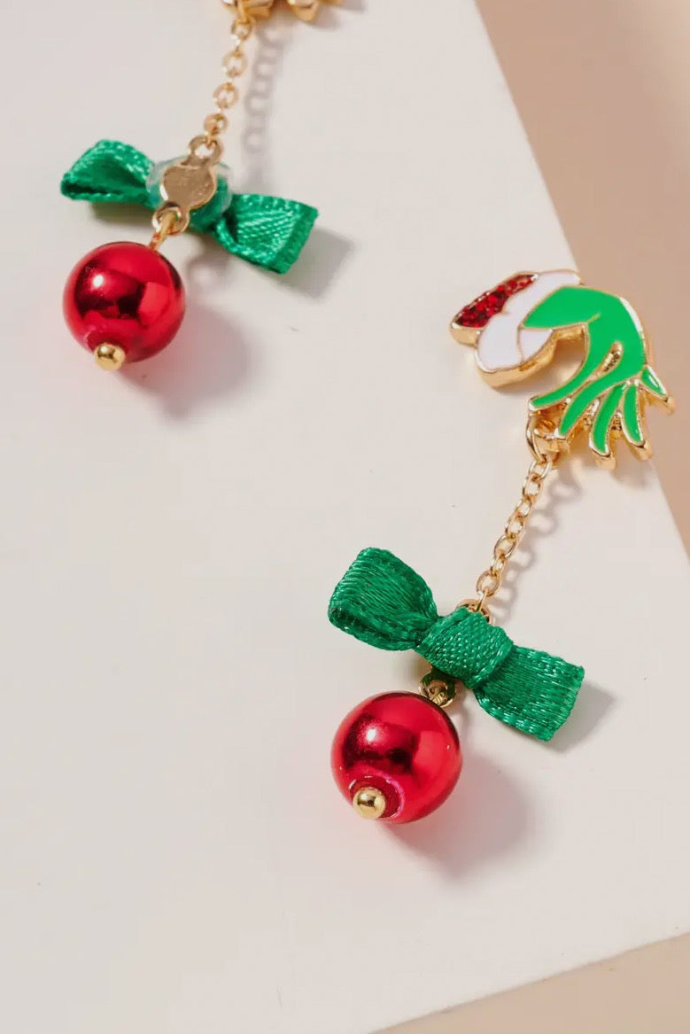Christmas Green Monster & Ball Ornament Dangling Earrings