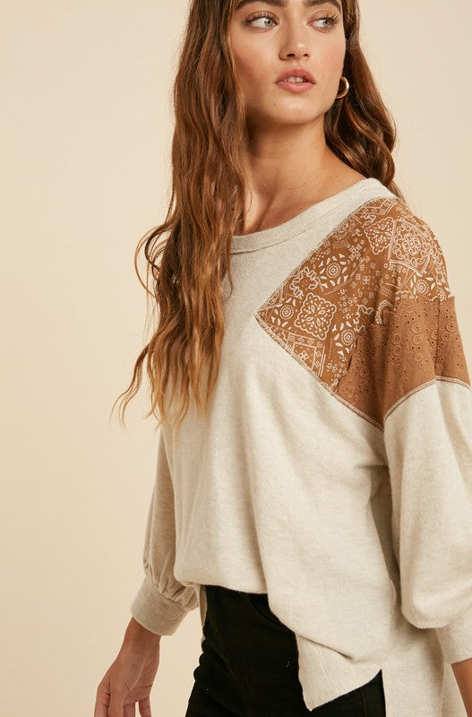 Let's Get Lost Contrast Sleeve Top, Oatmeal