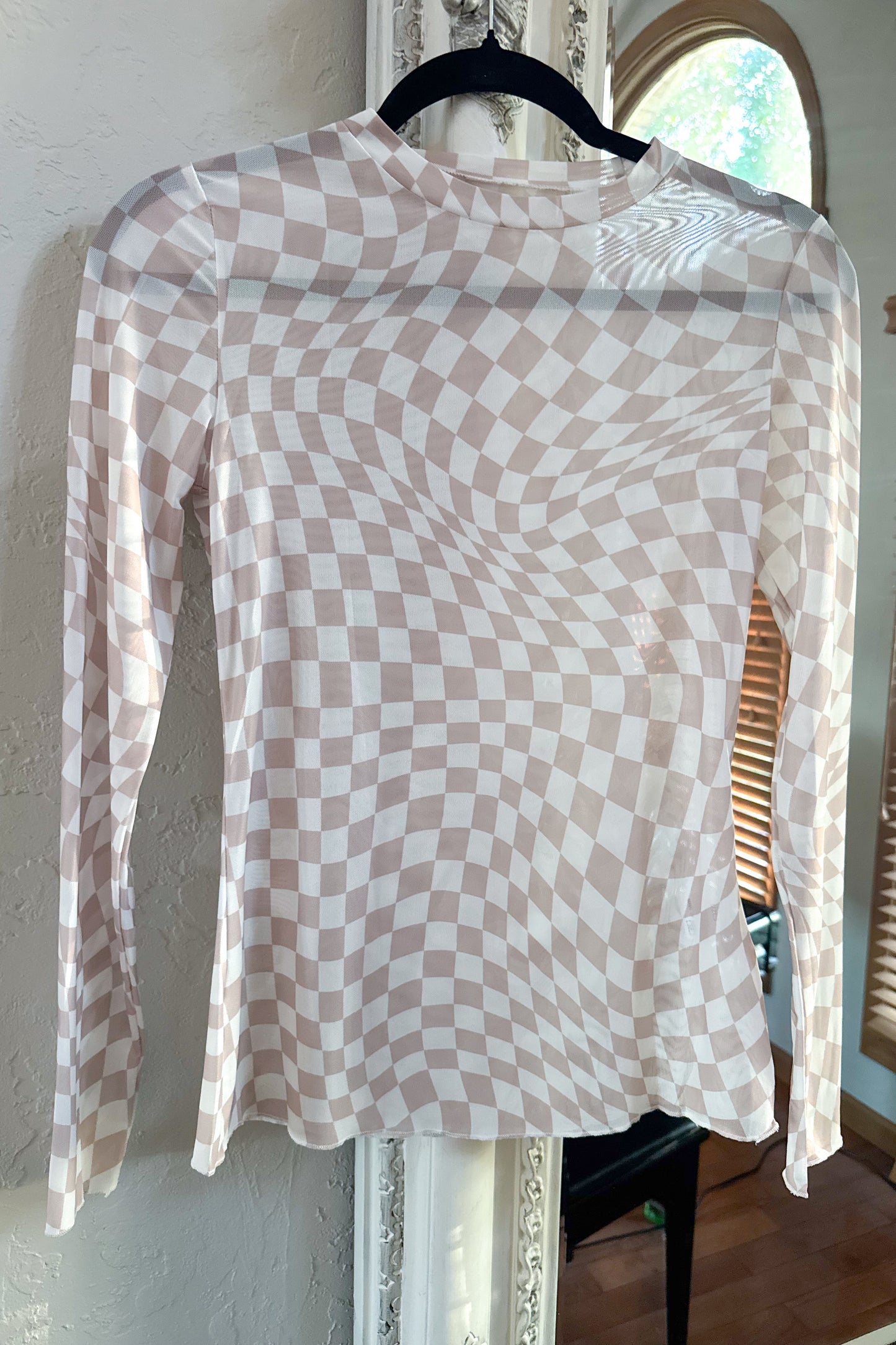 Cool Confidence Checkered Mesh Mock Neck Top, Khaki