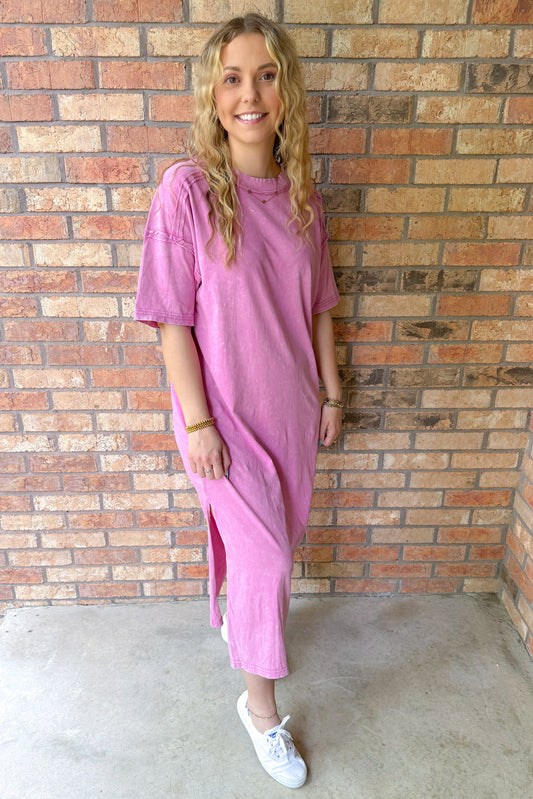 Carefree Mineral Washed Casual Comfy Midi Dress, Orchid