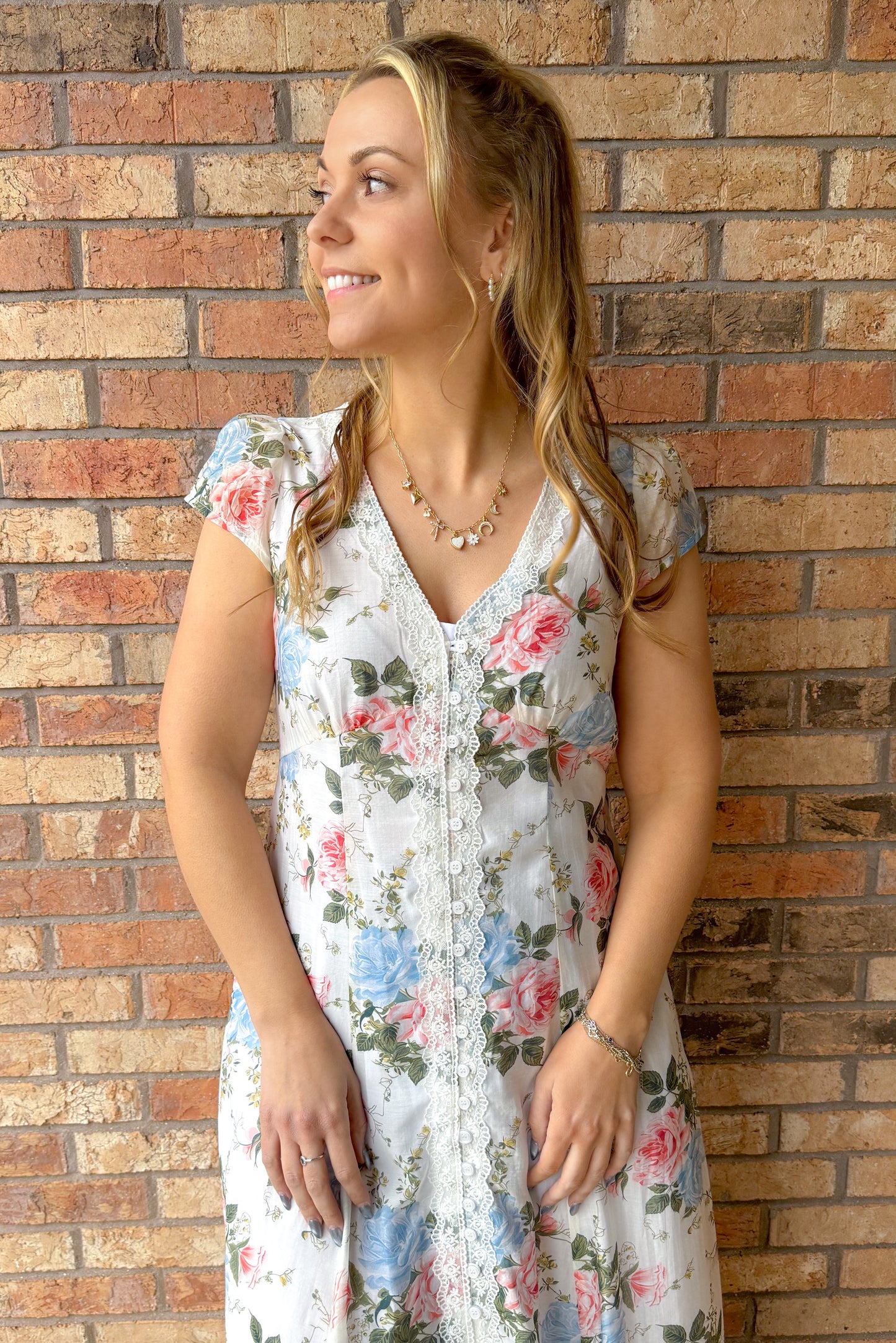 Hello Darling Floral Lace Trim Button Down Dress