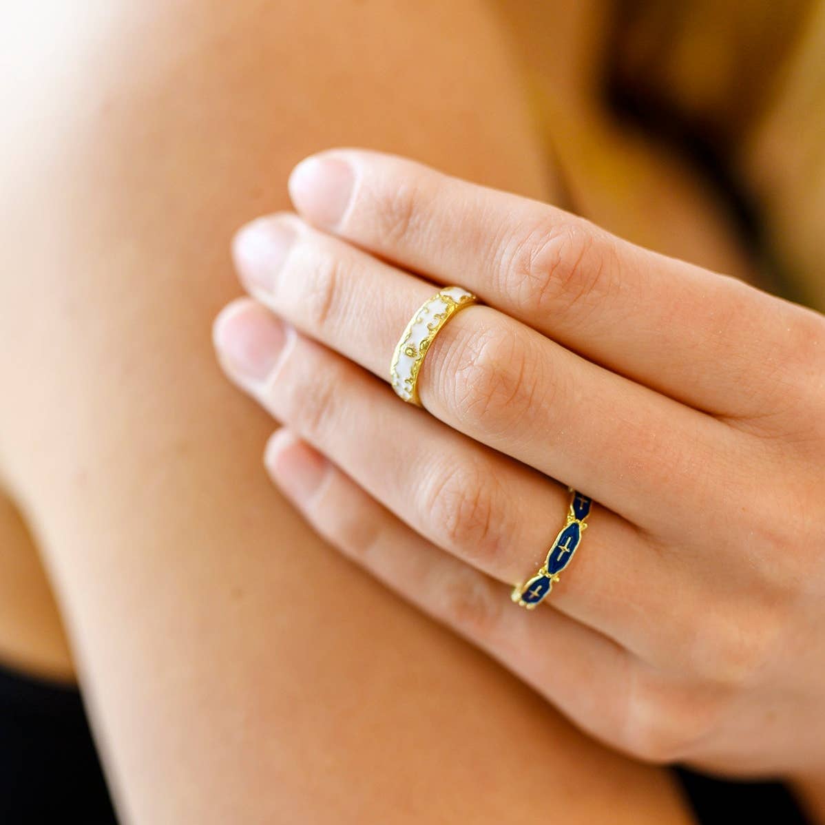 Mariana Hand Crafted Blue Cross 18K Gold Plated Stainless Steel Ring