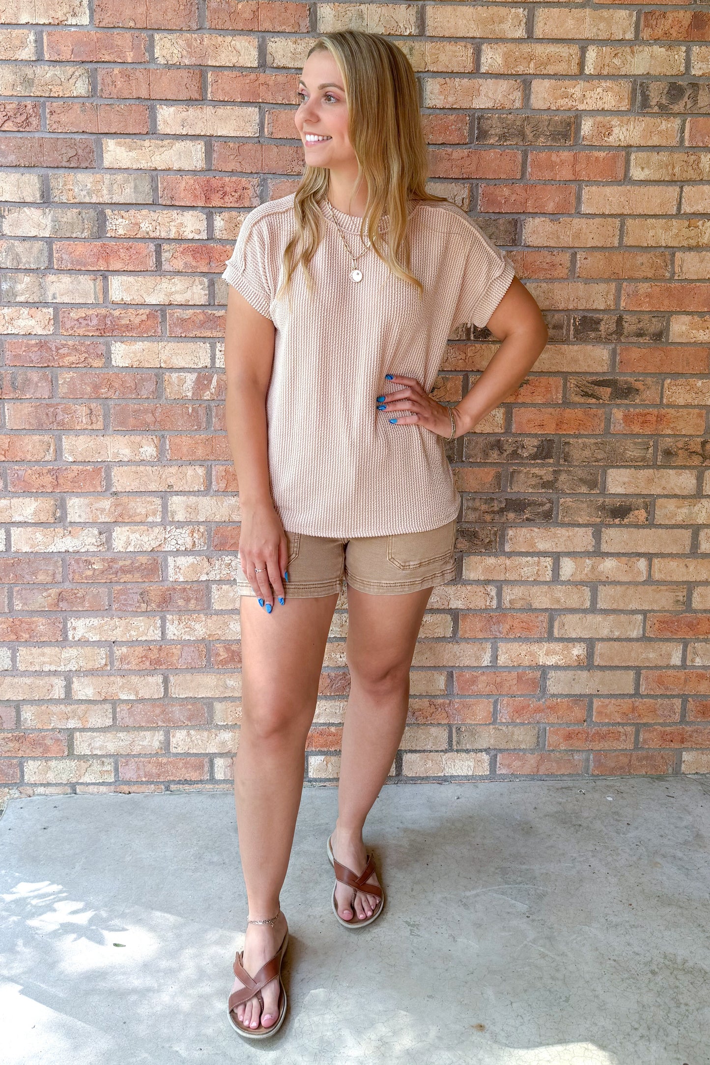 The Future is Bright Top Stitch Rib Knit Top, Beige