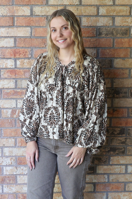 Since You've Been Gone Front Tie Balloon Sleeve Top, Tan/Brown