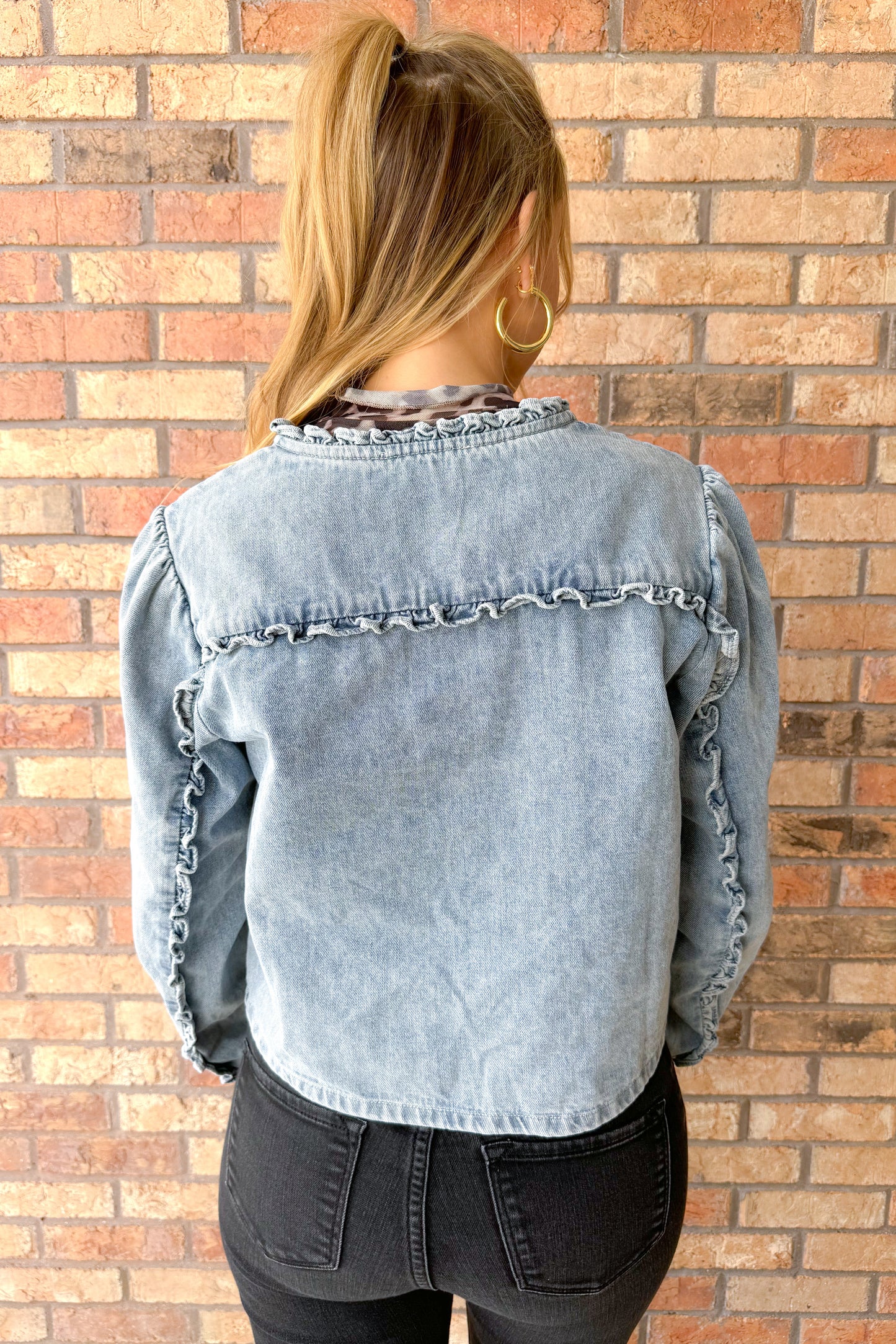 Talk Later Ruffle Yoke Sleeve Tie Front Denim Jacket, Light Wash