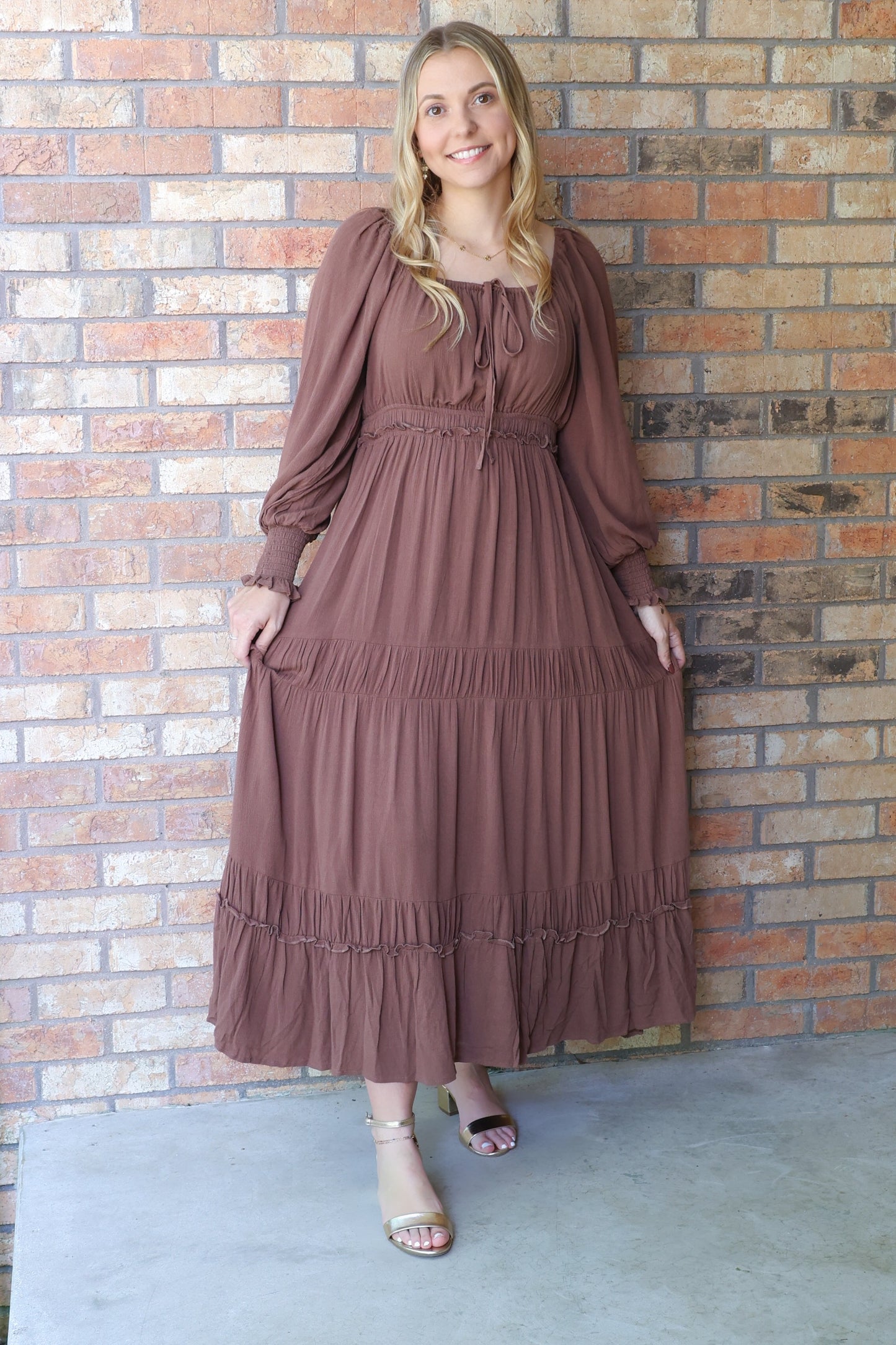 Finding Happiness Gathered Square Neck Maxi Dress, Mocha Mousse