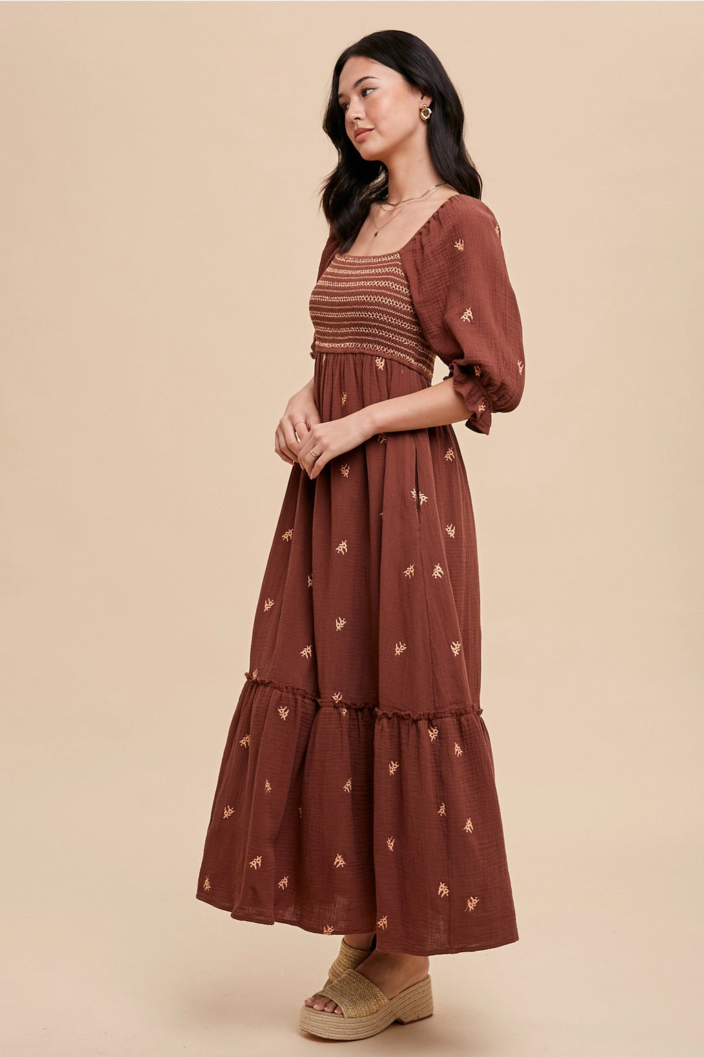 Delilah Embroidered Cotton Gauze Smocked Dress, Coconut