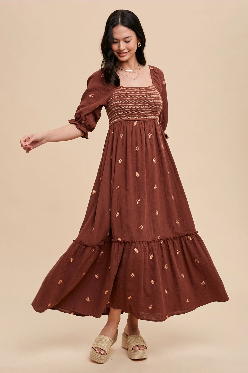 Delilah Embroidered Cotton Gauze Smocked Dress, Coconut