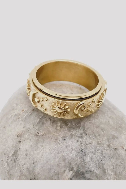 Star Moon and Sun Stainless Steel Rotatable Fidget Ring, Gold