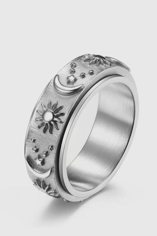 Star Moon and Sun Stainless Steel Rotatable Fidget Ring, Silver