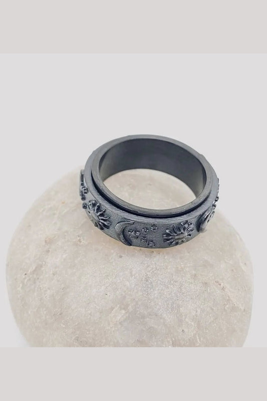 Star Moon and Sun Stainless Steel Rotatable Fidget Ring, Black
