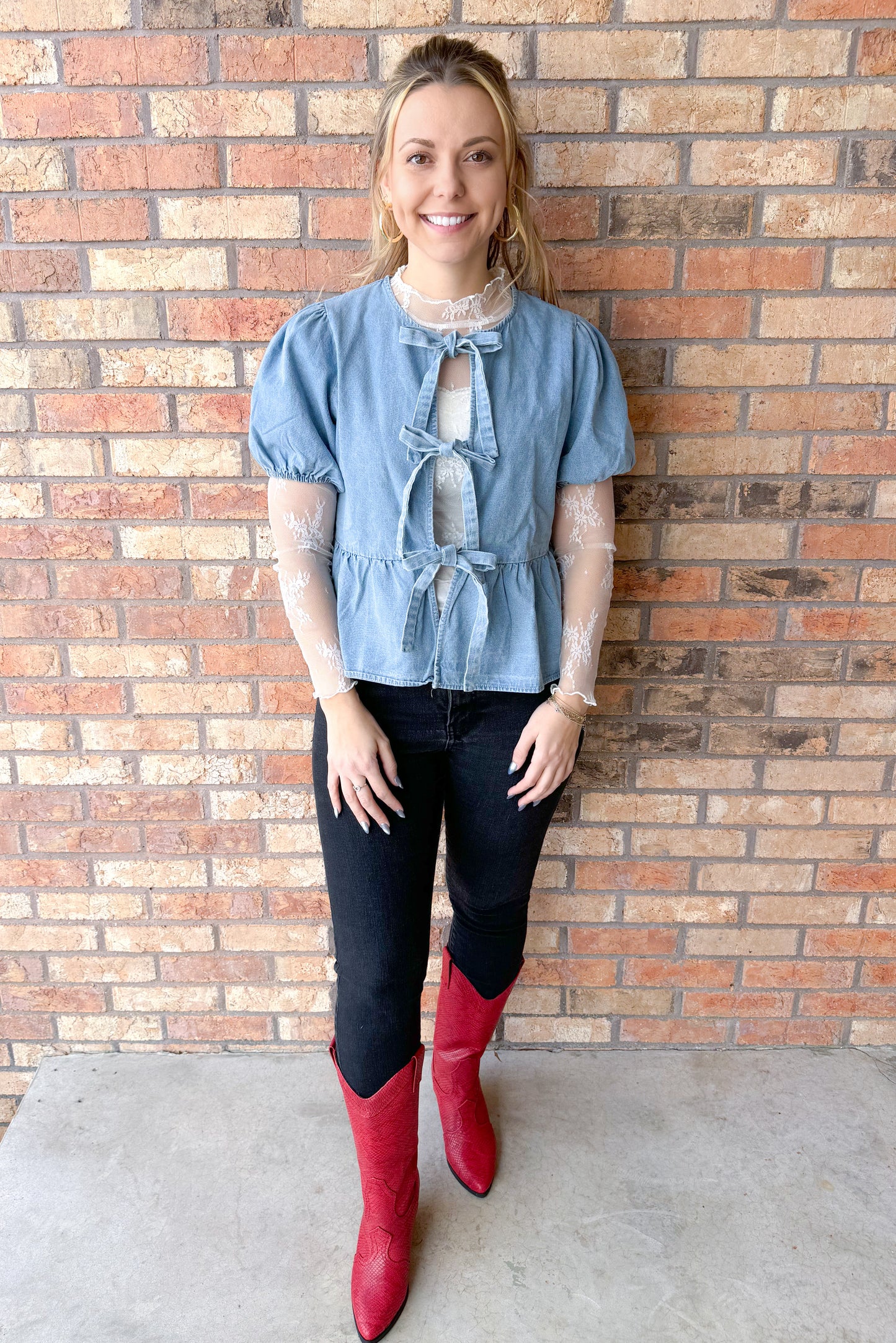No Doubt Puff Sleeve Tie Front Denim Peplum Top, Light Wash