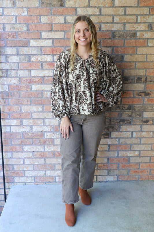 Since You've Been Gone Front Tie Balloon Sleeve Top, Tan/Brown