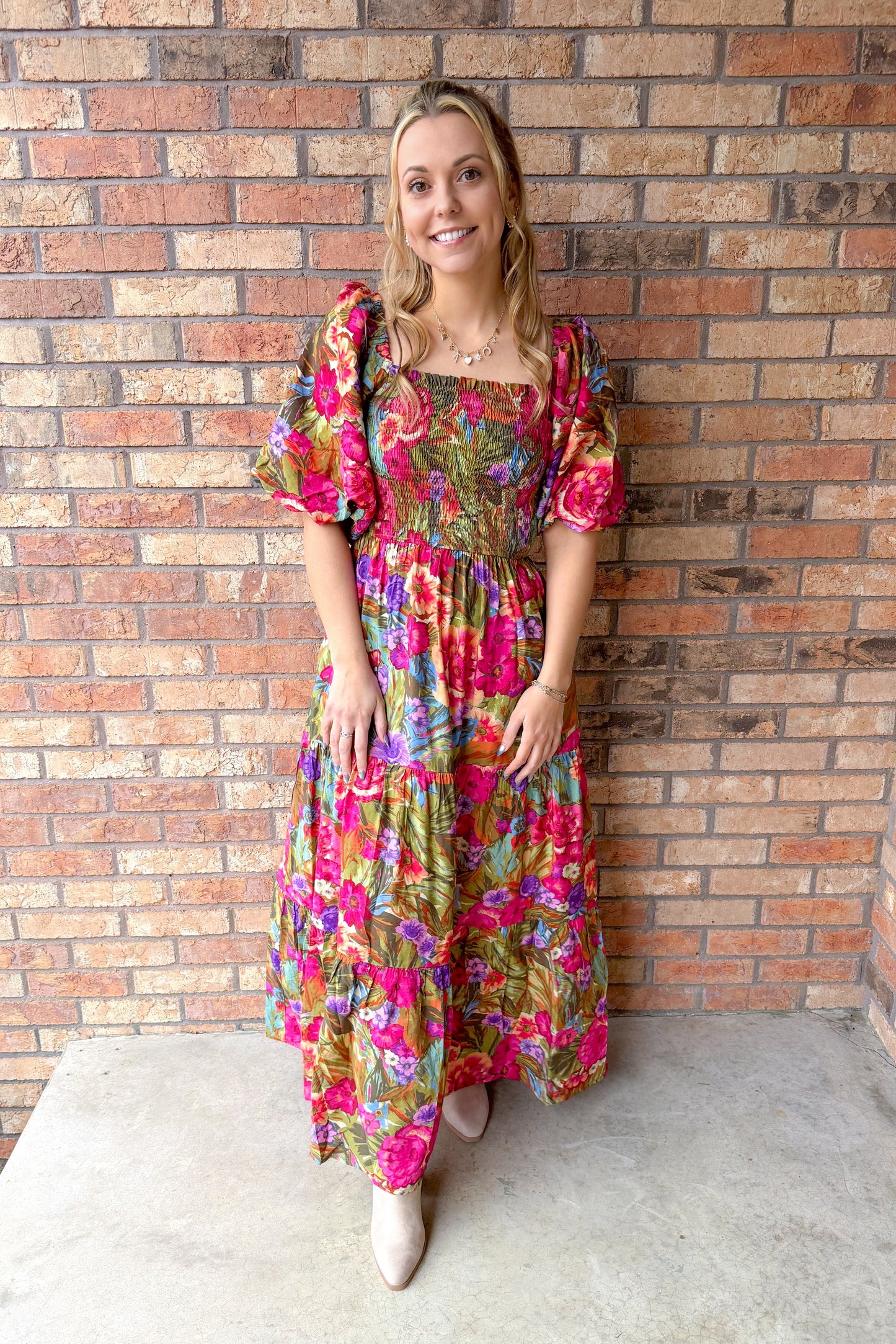 Olive Garden Bubble Sleeve Maxi Dress
