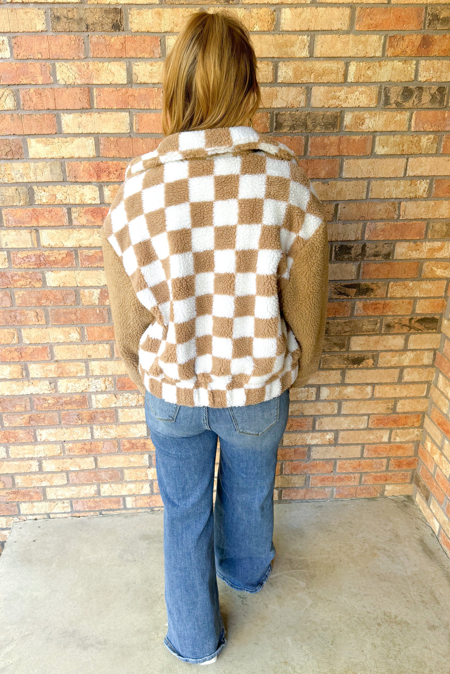 See You Later Checkered Printed Fur Jacket, Coco