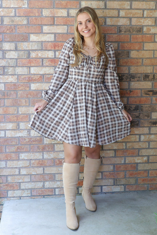 Falling For You Mini Dress, Brown/Multi